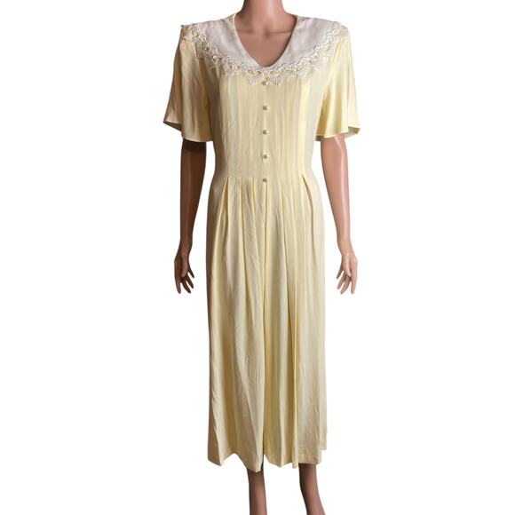 S.L. Fashions Pale Yellow Crepe Midi Dress Sz. 16 Wedding Guest Lace Trim Church - Picture 1 of 5